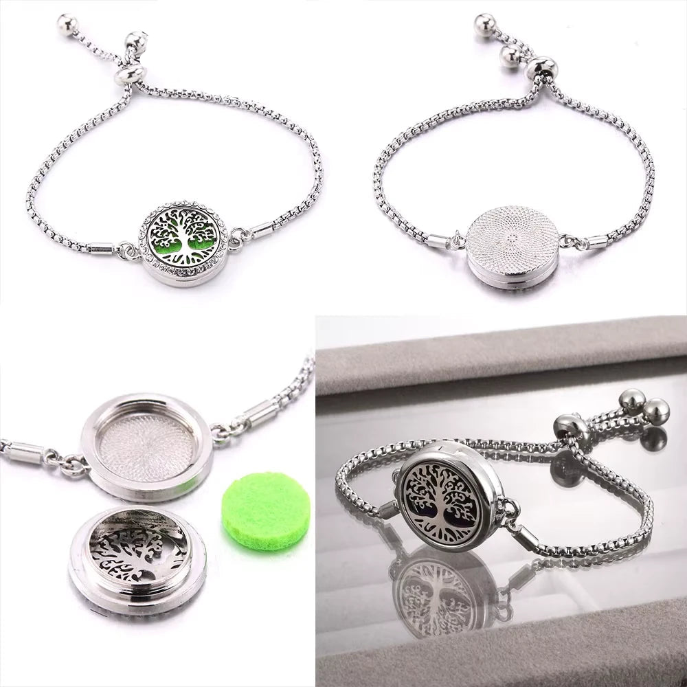 One Silver Aromatherapy bracelet showing all sides and how to open on a white background