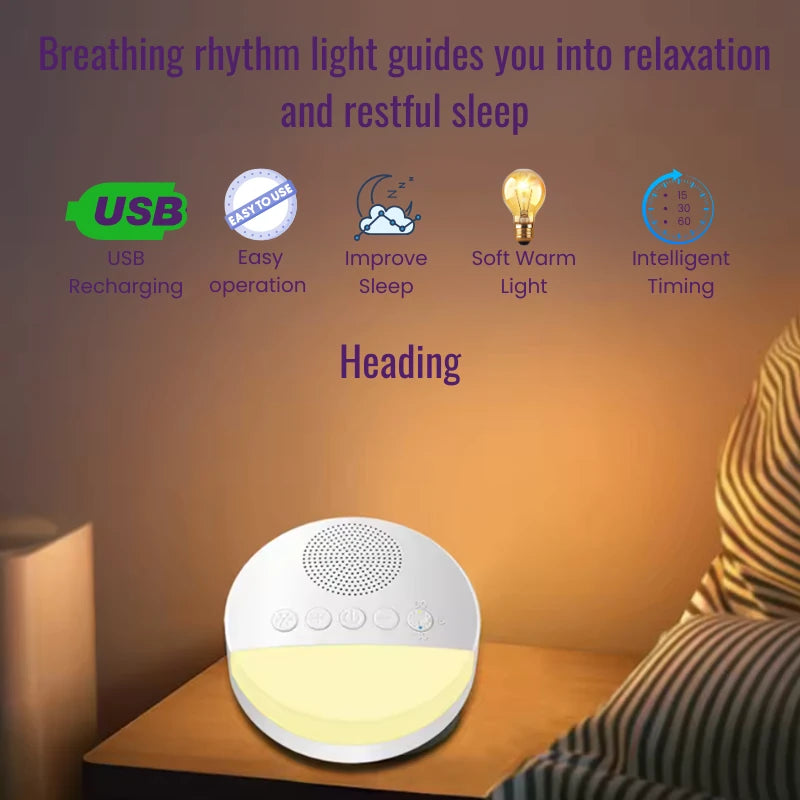 Breathing rhythm light on a bedside table with features listed above it.