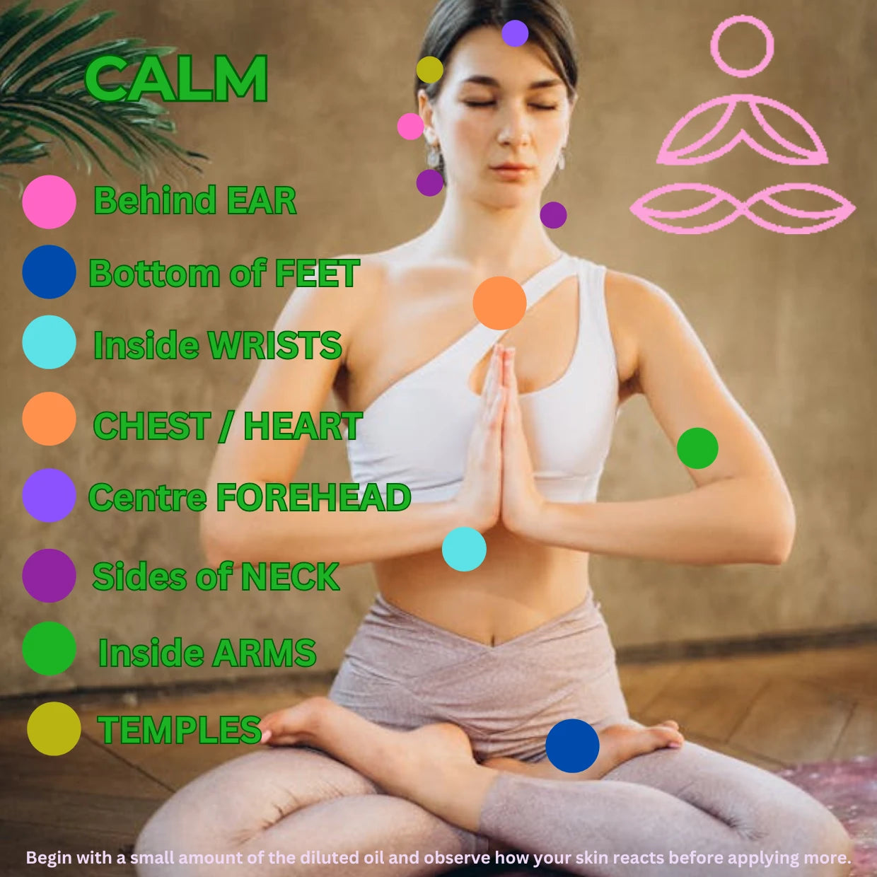 Woman in a yoga pose with points on her body for applying oil, set against a neutral background.