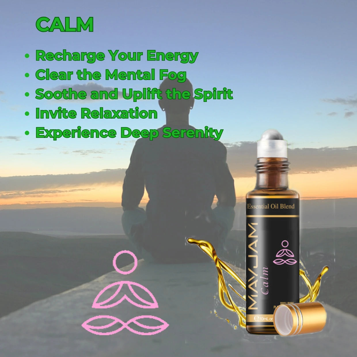Bottle of Calm essential oil blend with a person meditating at sunset.
