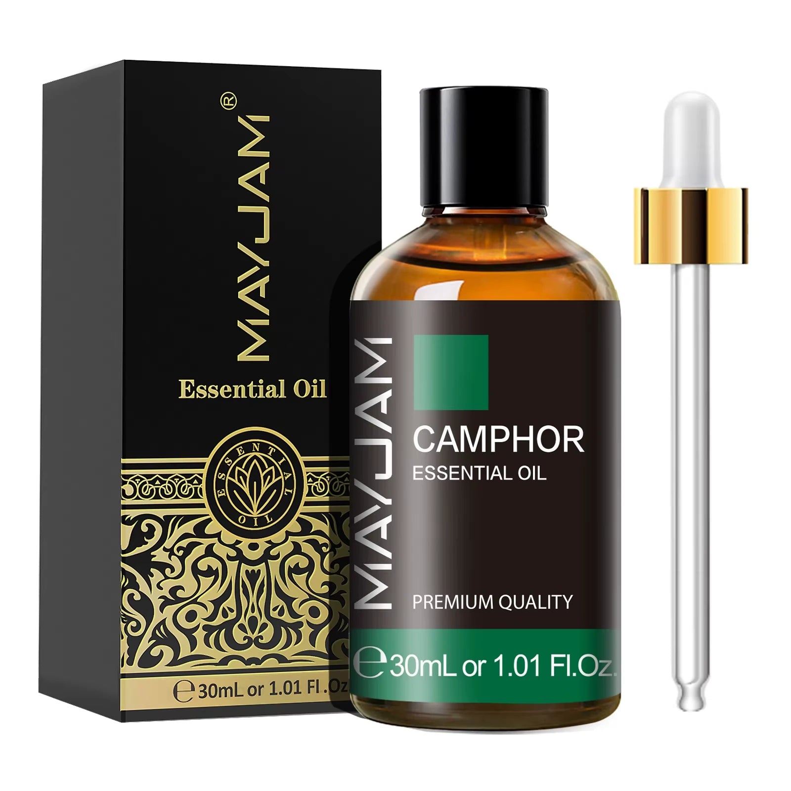 MayJam Camphor essential oil bottle with dropper and packaging on a white background