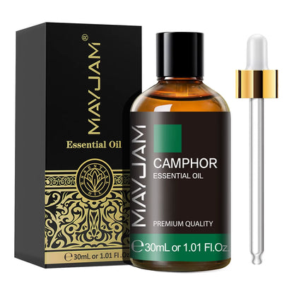 MayJam Camphor essential oil bottle with dropper and packaging on a white background