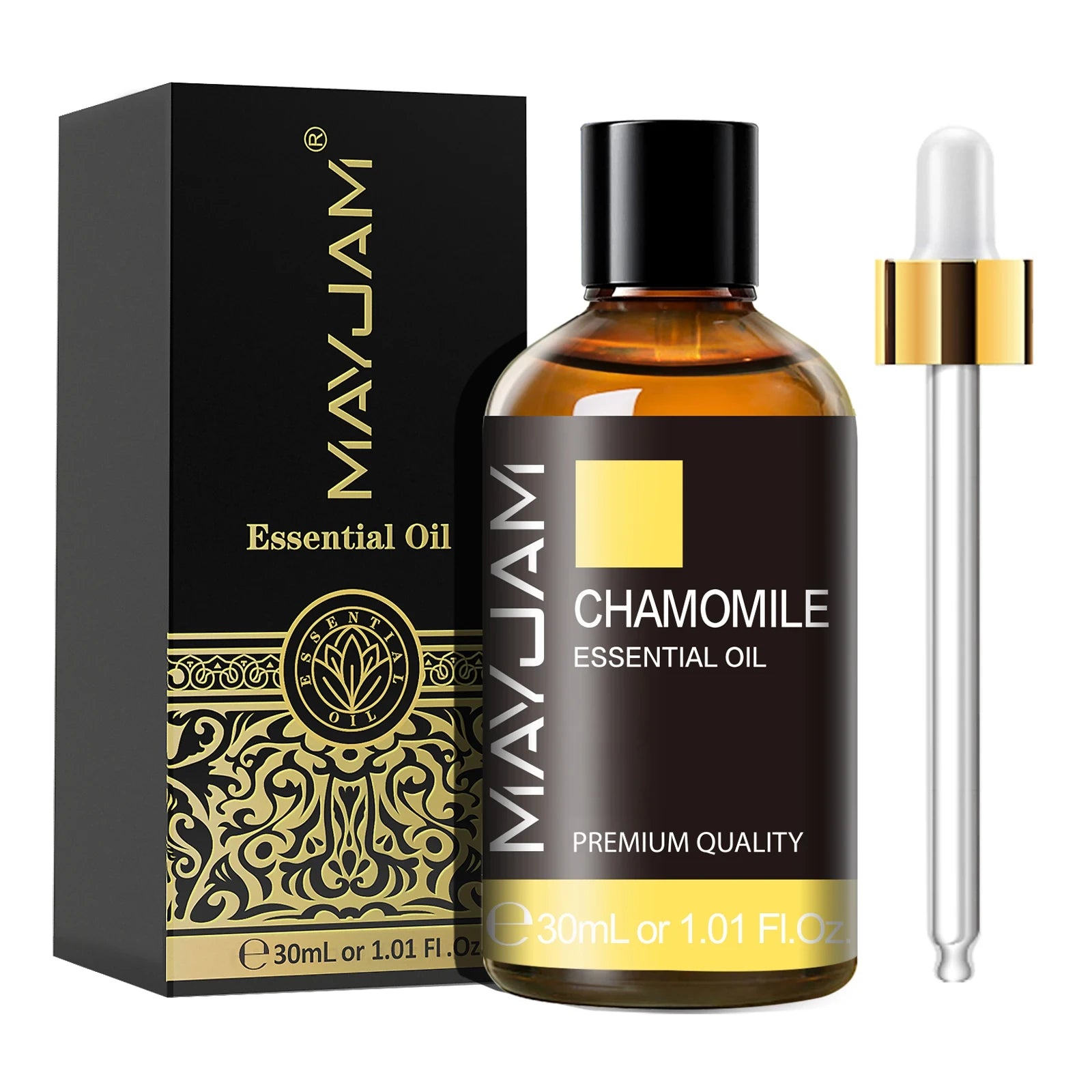 MayJam Chamomile essential oil bottle with dropper and packaging on a white background