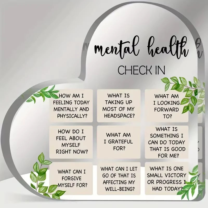 Heart-shaped mental health check-in plaque with reflective questions