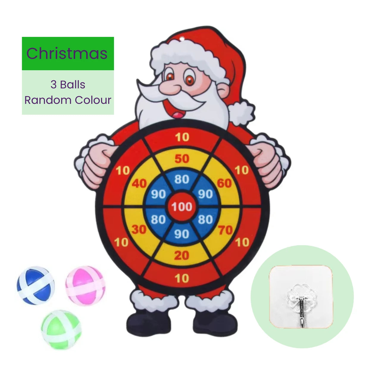 Children's target board toy shaped like a Santa Claus with colorful sticky balls and mounting hook on a white background