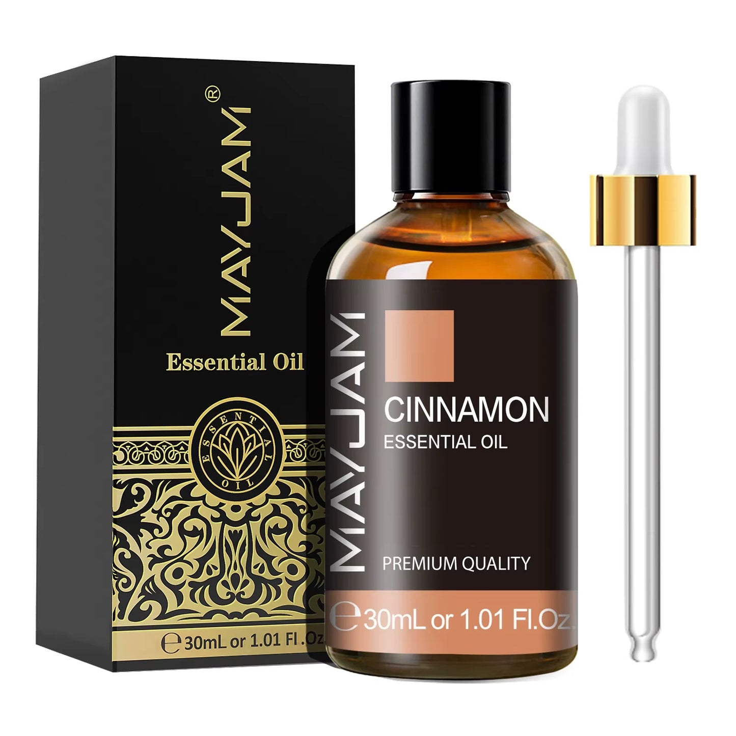 MayJam Cinnamon essential oil bottle and packaging on a white background