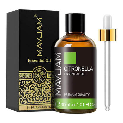 MayJam Citronella essential oil bottle with dropper and packaging on a white background