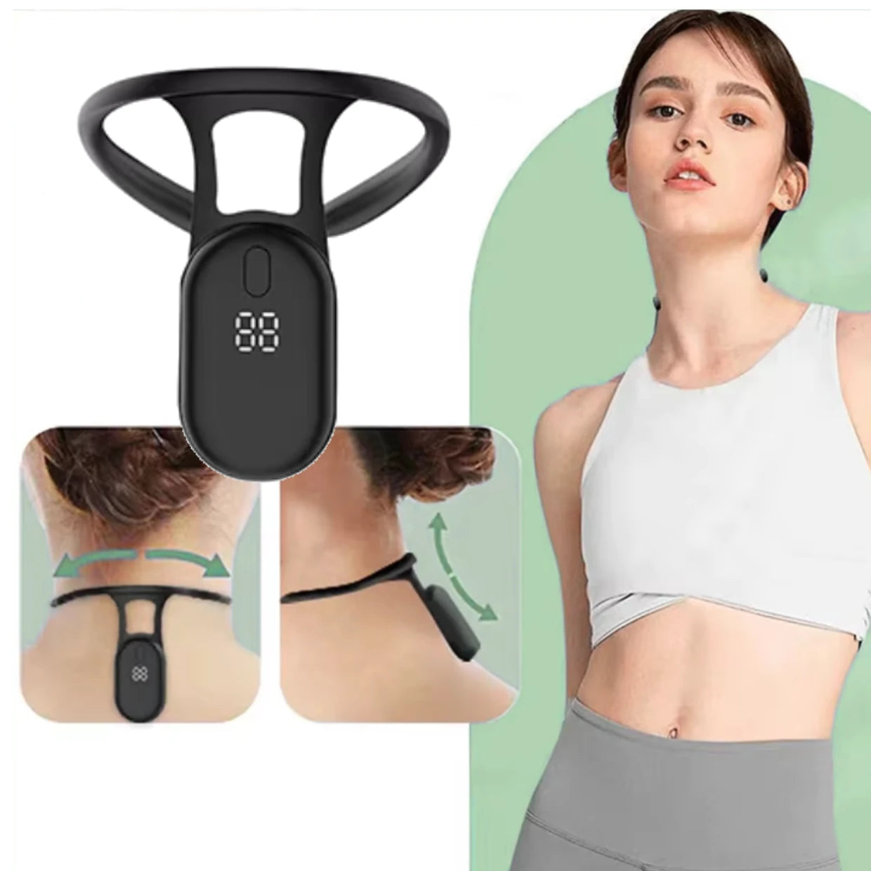 Posture Corrector with digital display and placement on neck, woman wearing sports bra and leggings.