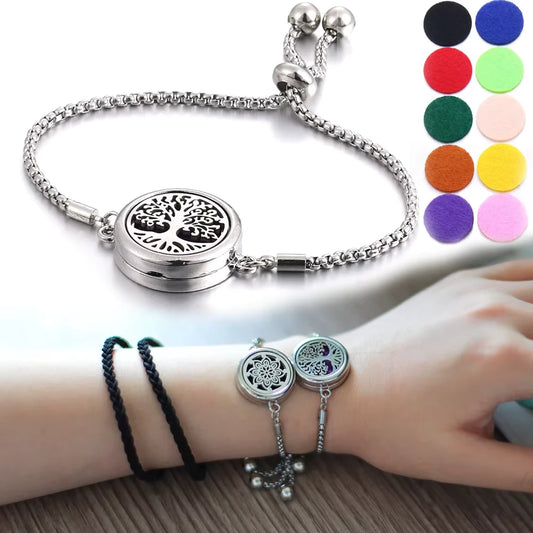 Two Silver Aromatherapy Bracelets on wrist with color swatches and closeup of one bracelet in background