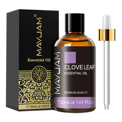 MayJam Clove Leaf essential oil bottle with dropper and packaging on a white background
