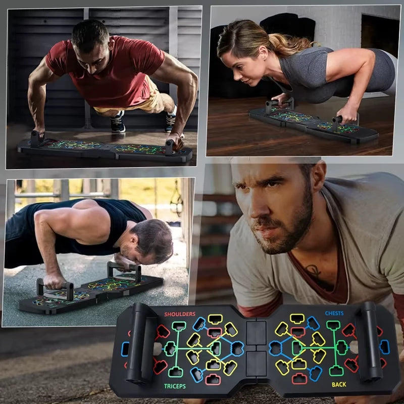 Collage of people using a push up board with labeled muscle groups, featuring a close-up of the board.