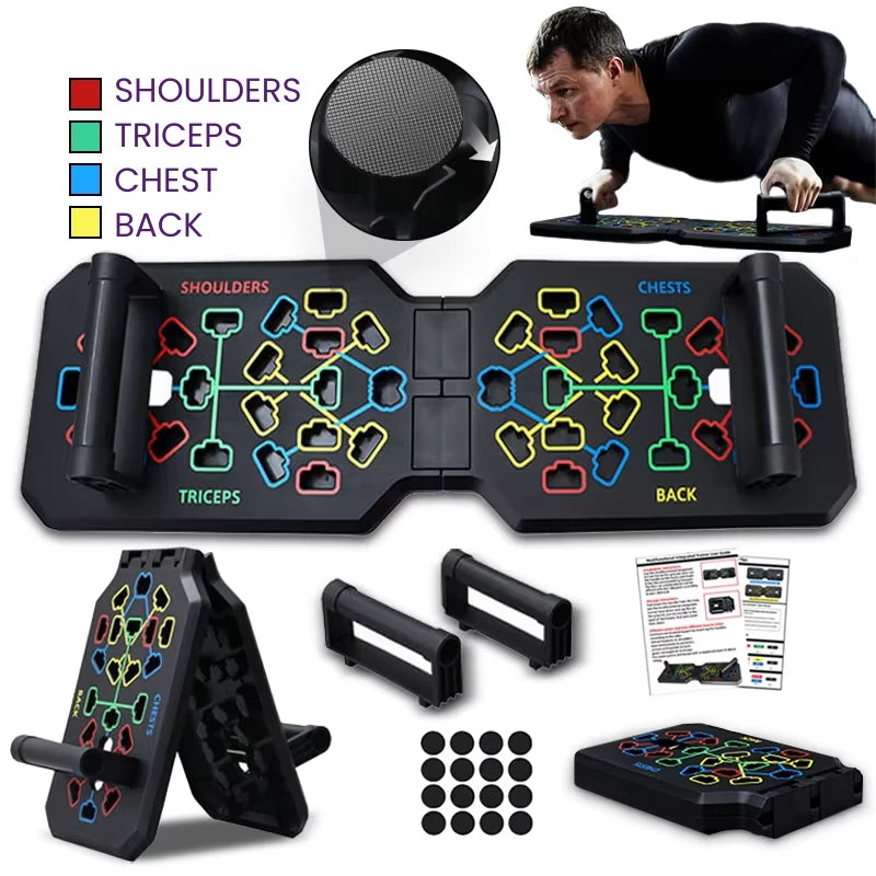 Multifunctional push up board with various components and labeled muscle groups on a white background. 