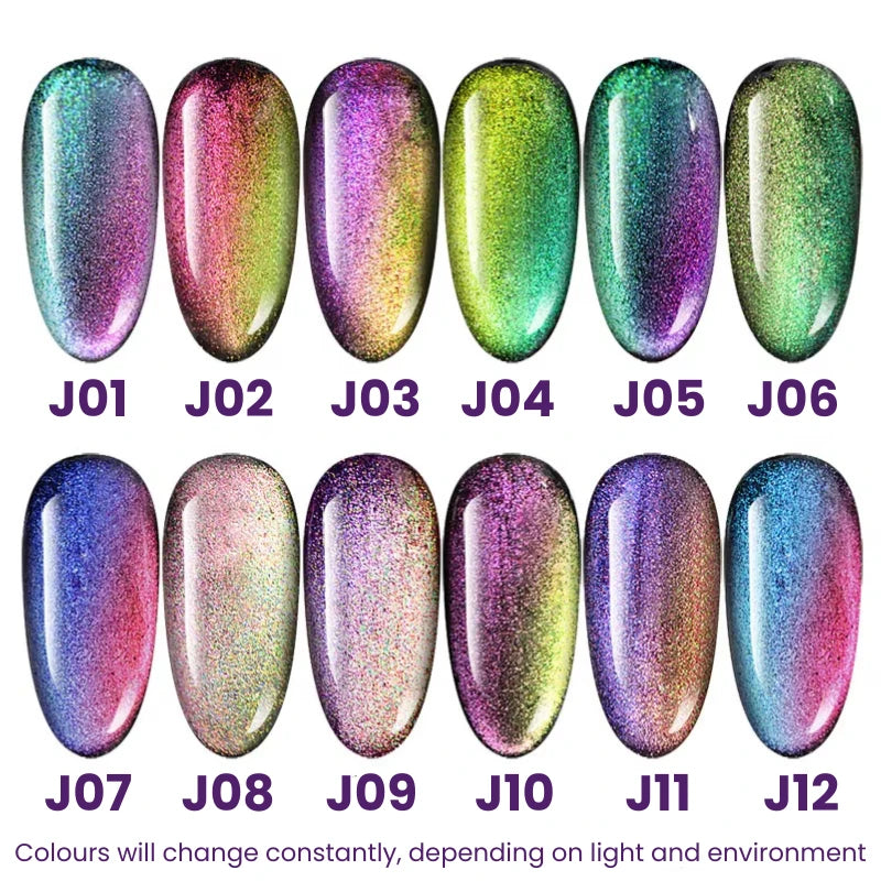 Complete Set of nail 9D gel colour swatches with labels on a white background