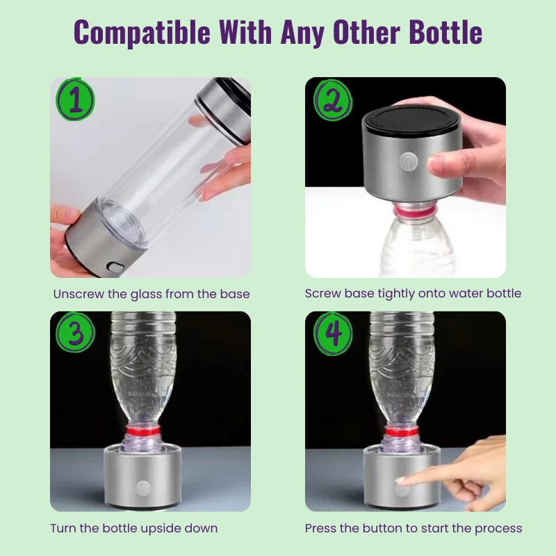 Instructions for using a hydrogen water bottle converter with a detachable base.