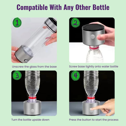 Instructions for using a hydrogen water bottle converter with a detachable base.