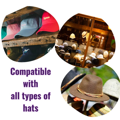Three circular images showing different types of hats with text 'Compatible with all types of hats'.