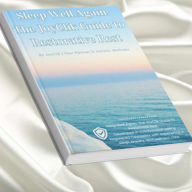 Book titled 'Sleep Well Again: The JoyClik Guide to Restorative Rest' on a white fabric background