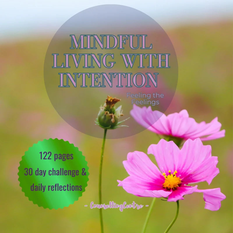 Floral image with 'Mindful Living with Intention' book promotion text.