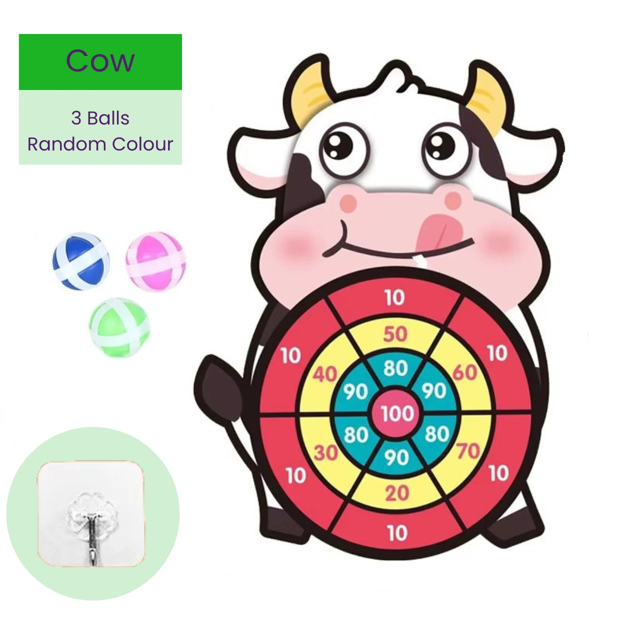 Children's target board toy shaped like a cow with colorful sticky balls and mounting hook on a white background