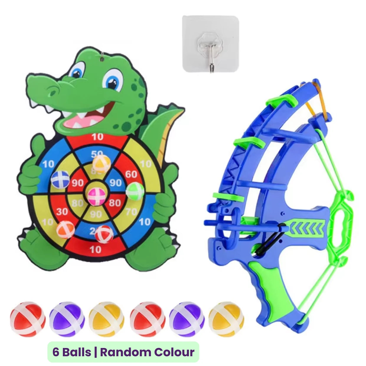 Toy target board set with a crocodile-shaped target, green and blue bow, six colorful sticky balls and mounting hook on a white background.
