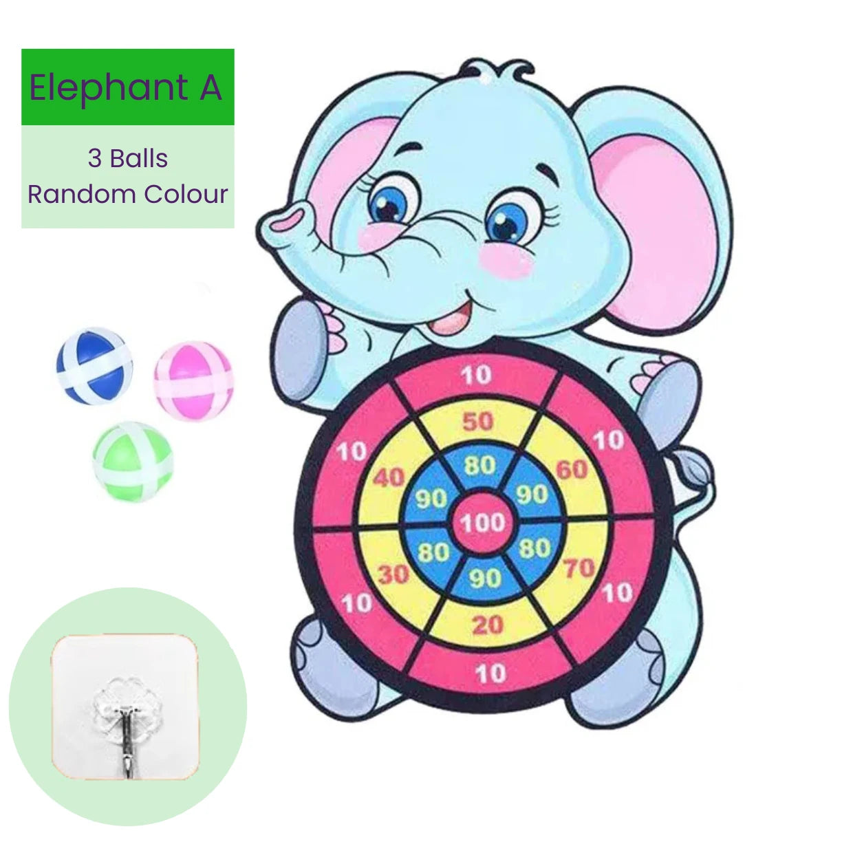 Children's target board toy shaped like a elephant with colorful sticky balls and mounting hook on a white background