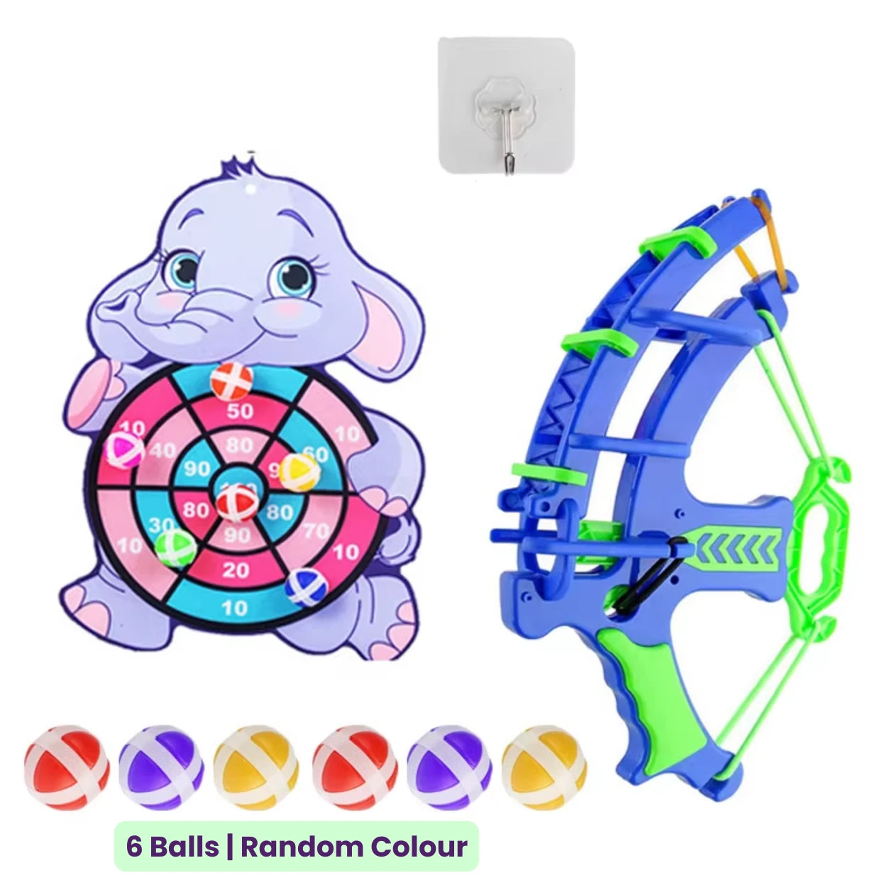 Toy target board set with a elephant-shaped target, green and blue bow, six colorful sticky balls and mounting hook on a white background.