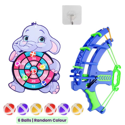 Toy target board set with a elephant-shaped target, green and blue bow, six colorful sticky balls and mounting hook on a white background.