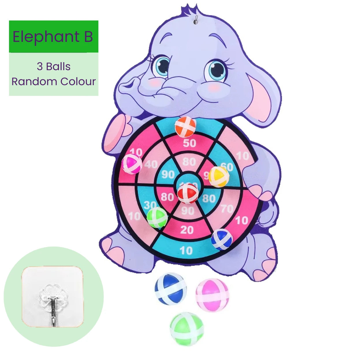 Children's target board toy shaped like a elephant with colorful sticky balls and mounting hook on a white background