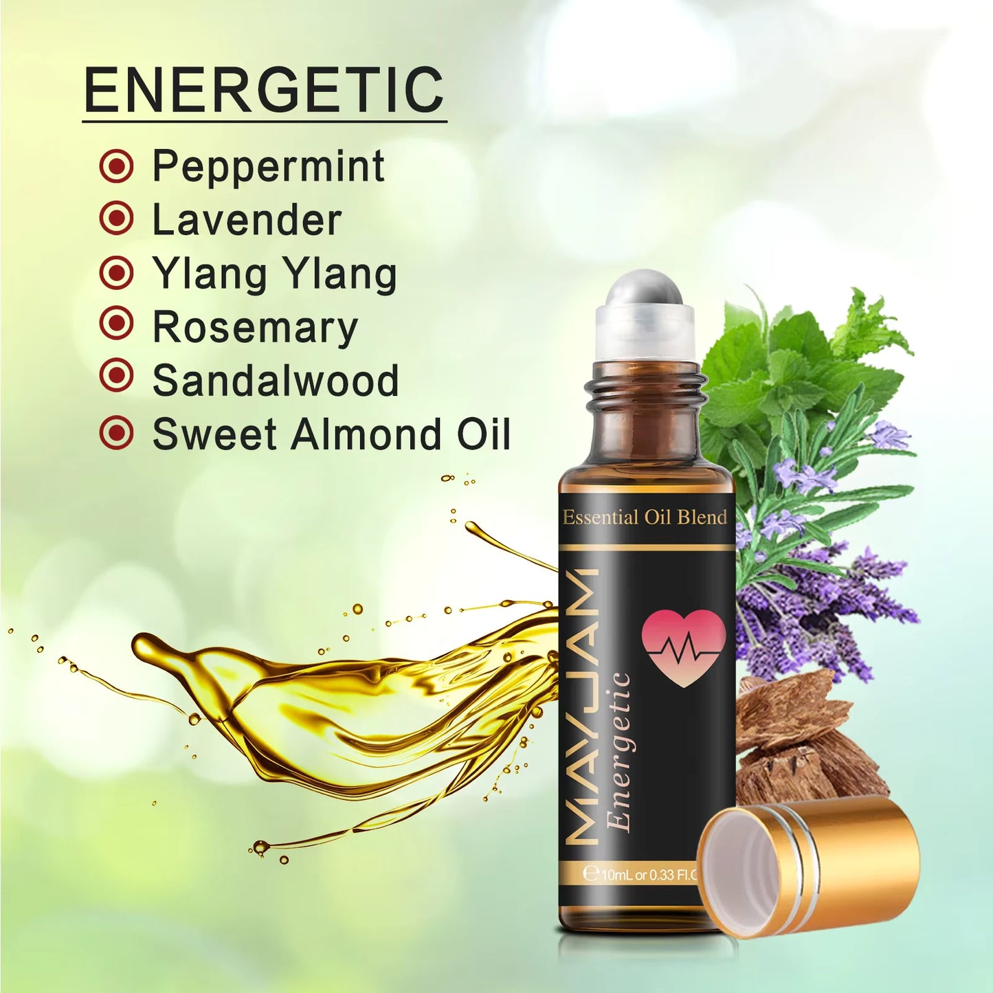 Essential oil blend roll-on bottle with oils mixture for "energetic" shown in text
