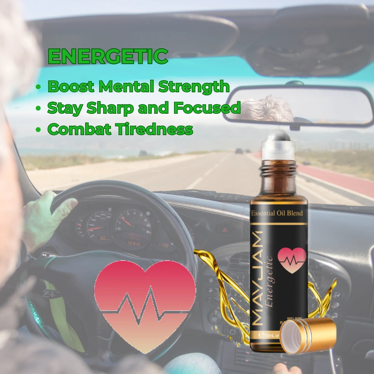 Essential Oil Blend bottle with car interior background, promoting energetic benefits.