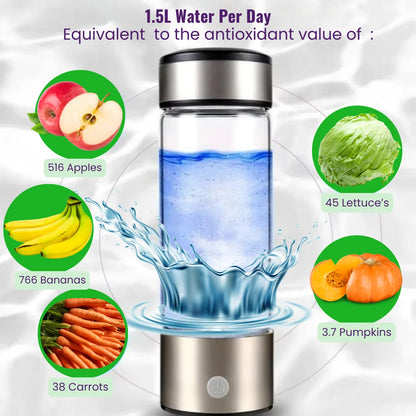 Hydrogen water bottle with liquid, surrounded by images of fruits and vegetables with their respective antioxidant values.