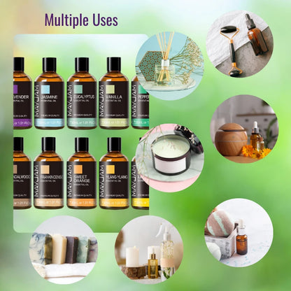 Collection of MayJam essential oils and products with various uses on a green background