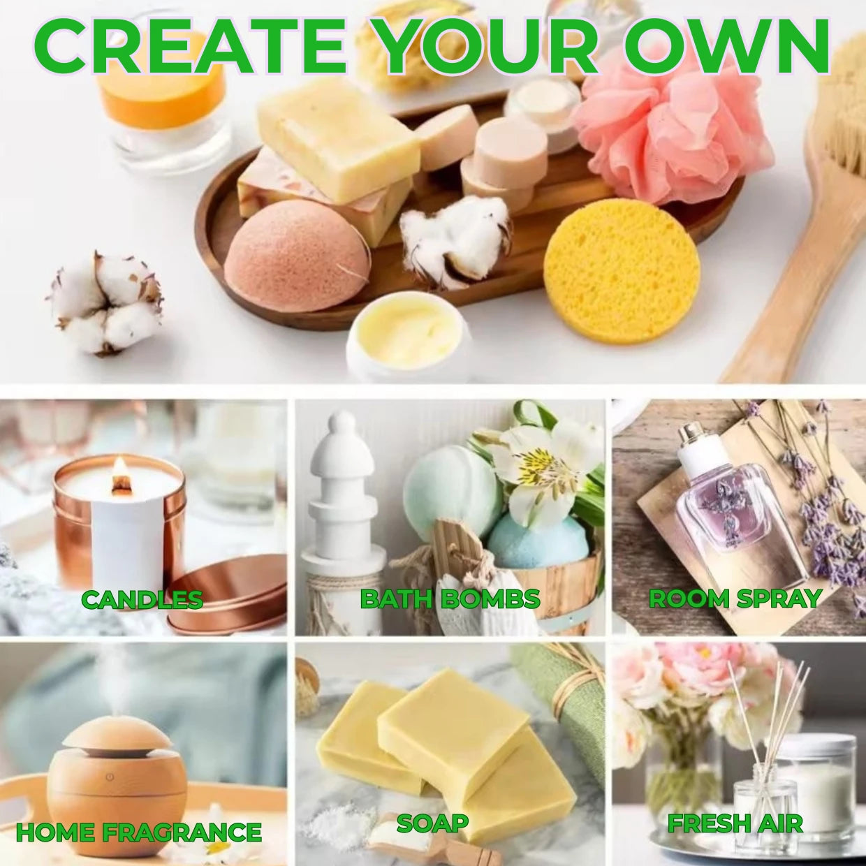 Collage of various self-care products with labels on a white background