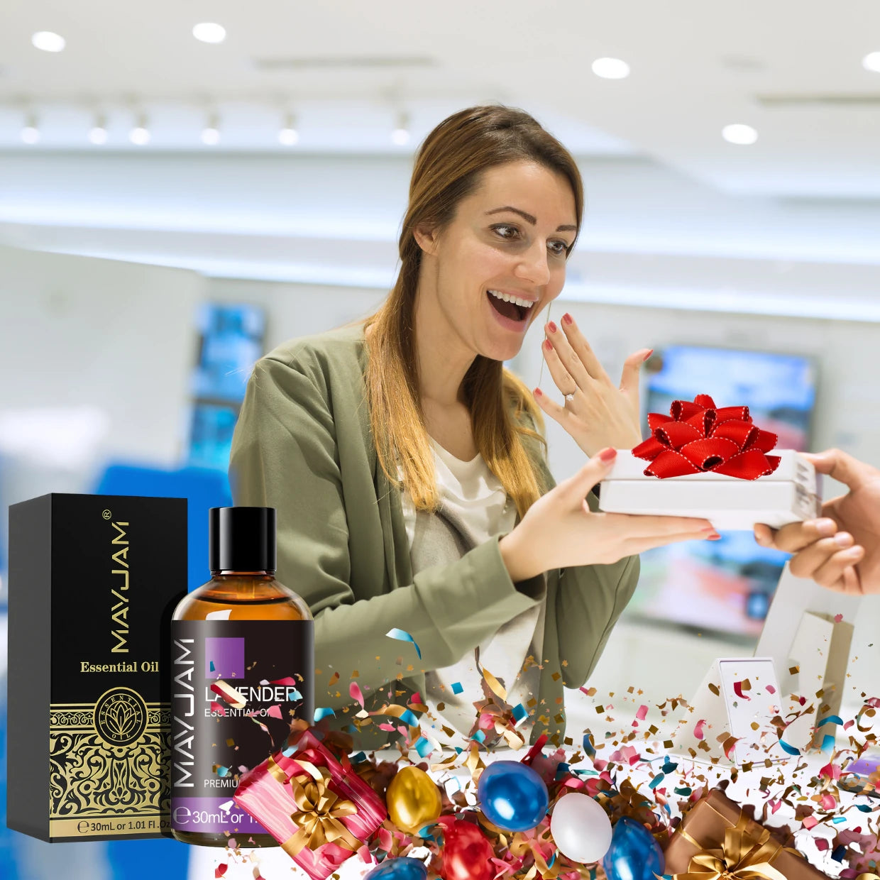Woman receiving a gift with essential oil products in the foreground