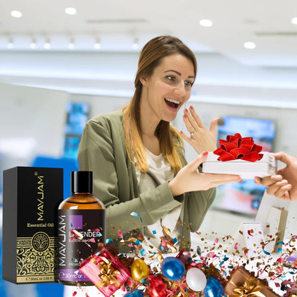 Woman receiving a gift with essential oil products in the foreground