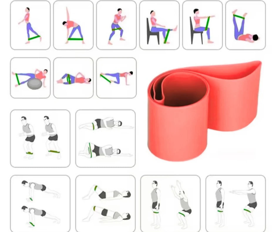 Red resistance band with exercise illustrations on a white background