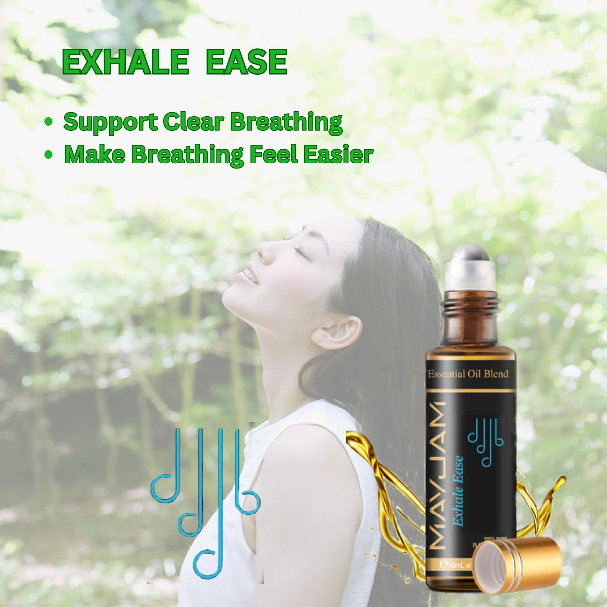 Exhale Ease essential oil blend bottle with a woman breathing deeply outdoors.
