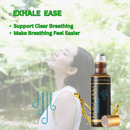 Exhale Ease essential oil blend bottle with a woman breathing deeply outdoors.
