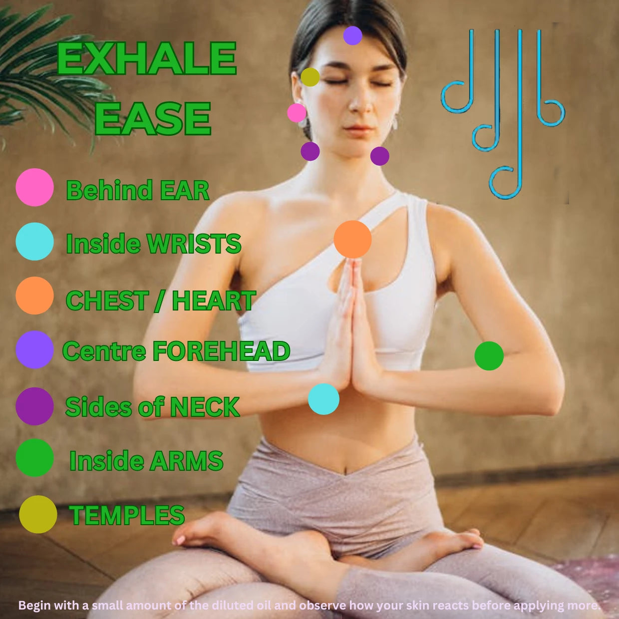 Woman in a yoga pose with points on her body for applying oil, set against a neutral background.