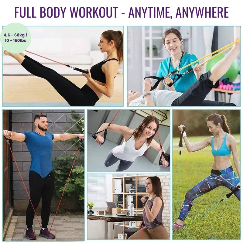 Collage of people using resistance bands for full body workouts in various settings.