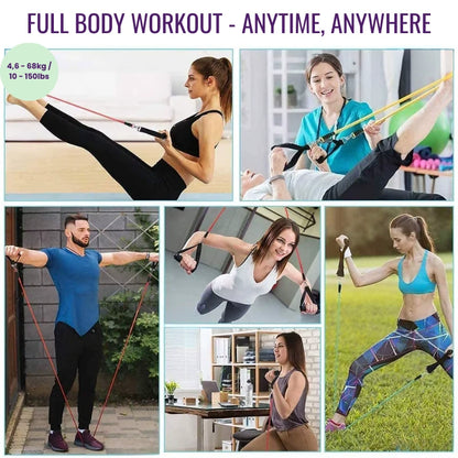 Collage of people using resistance bands for full body workouts in various settings.