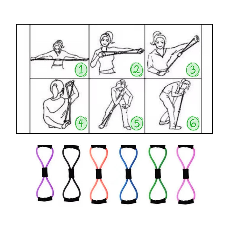 Illustrations of exercises using a figure-8 resistance band with numbered steps and the band below.