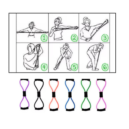 Illustrations of exercises using a figure-8 resistance band with numbered steps and the band below.