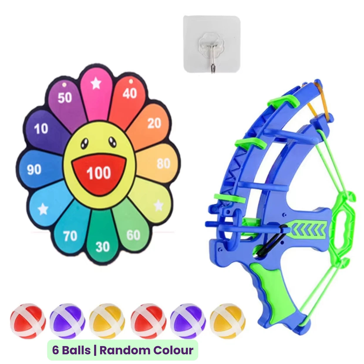 Toy target board set with a flower-shaped target, green and blue bow, six colorful sticky balls and mounting hook on a white background.