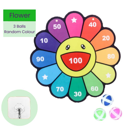Children's target board toy shaped like a flower with colorful sticky balls and mounting hook on a white background
