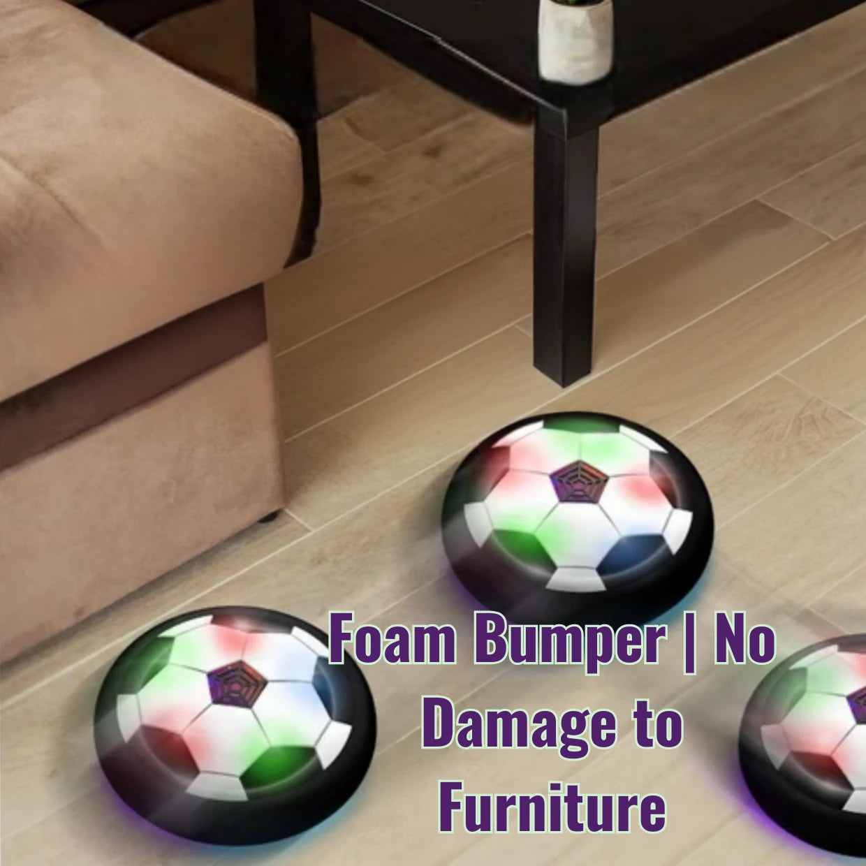 showing how the foam bumper on the hover soccer ball protect furniture and walls  in the background