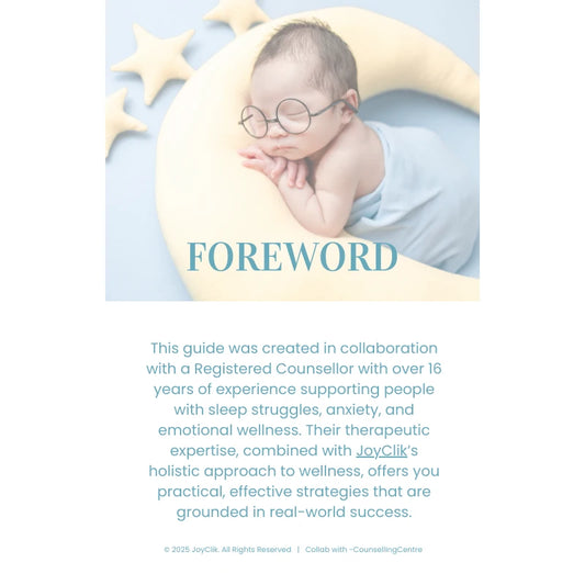 Baby wearing glasses with a moon and star background, text about a collaboration with a Registered Counselor.