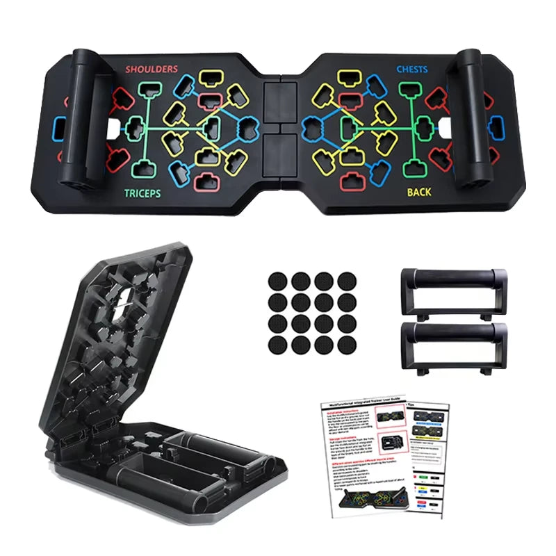 Multifunctional push up board with attachments and manual on a white background
