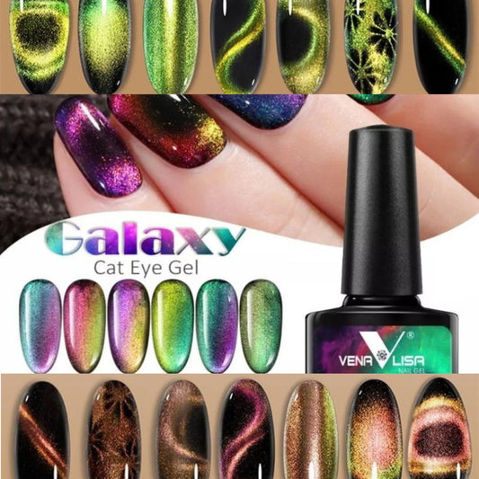 Vena Lisa Galaxy Cat Eye Gel with nail samples and magnetic effects.