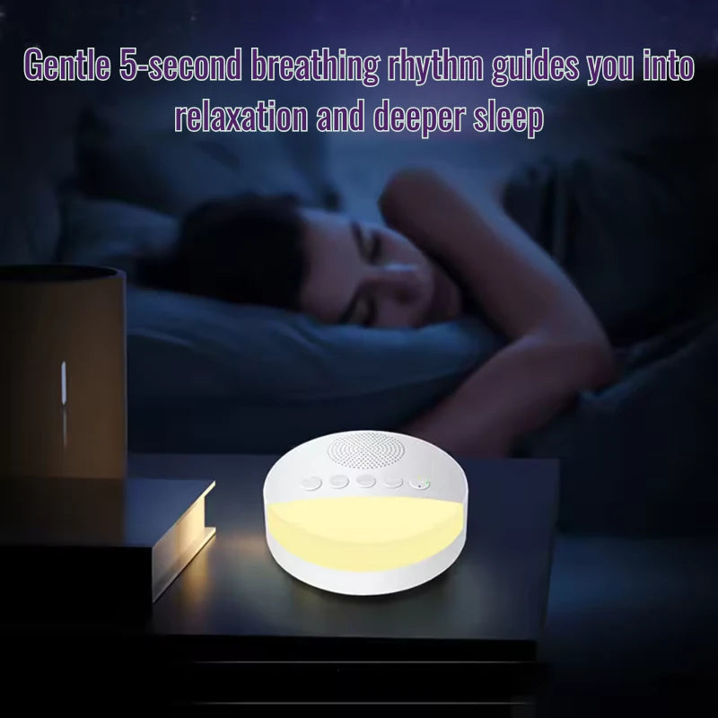 White noise machine on a nightstand with a person sleeping in the background